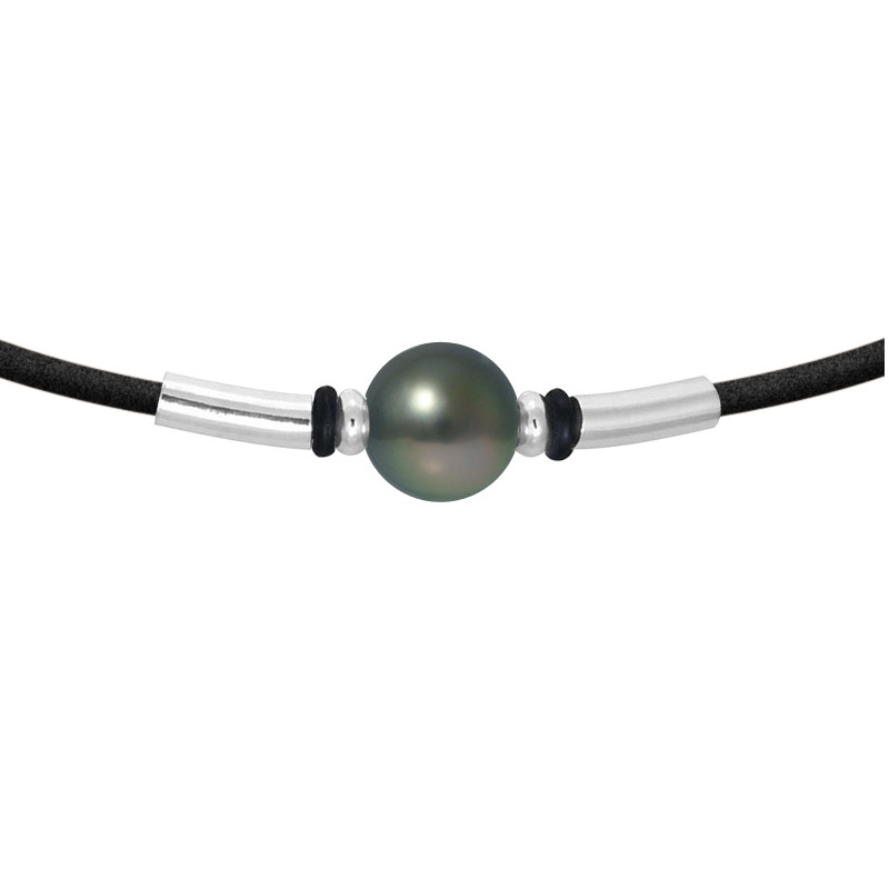 Collier Néoprène Perle de Tahiti et Argent Massif 925