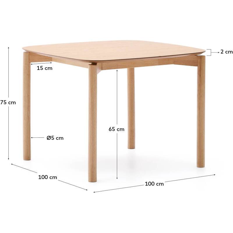 Table carrée Indara en placage de frêne avec finition naturelle 100 x 100 cm