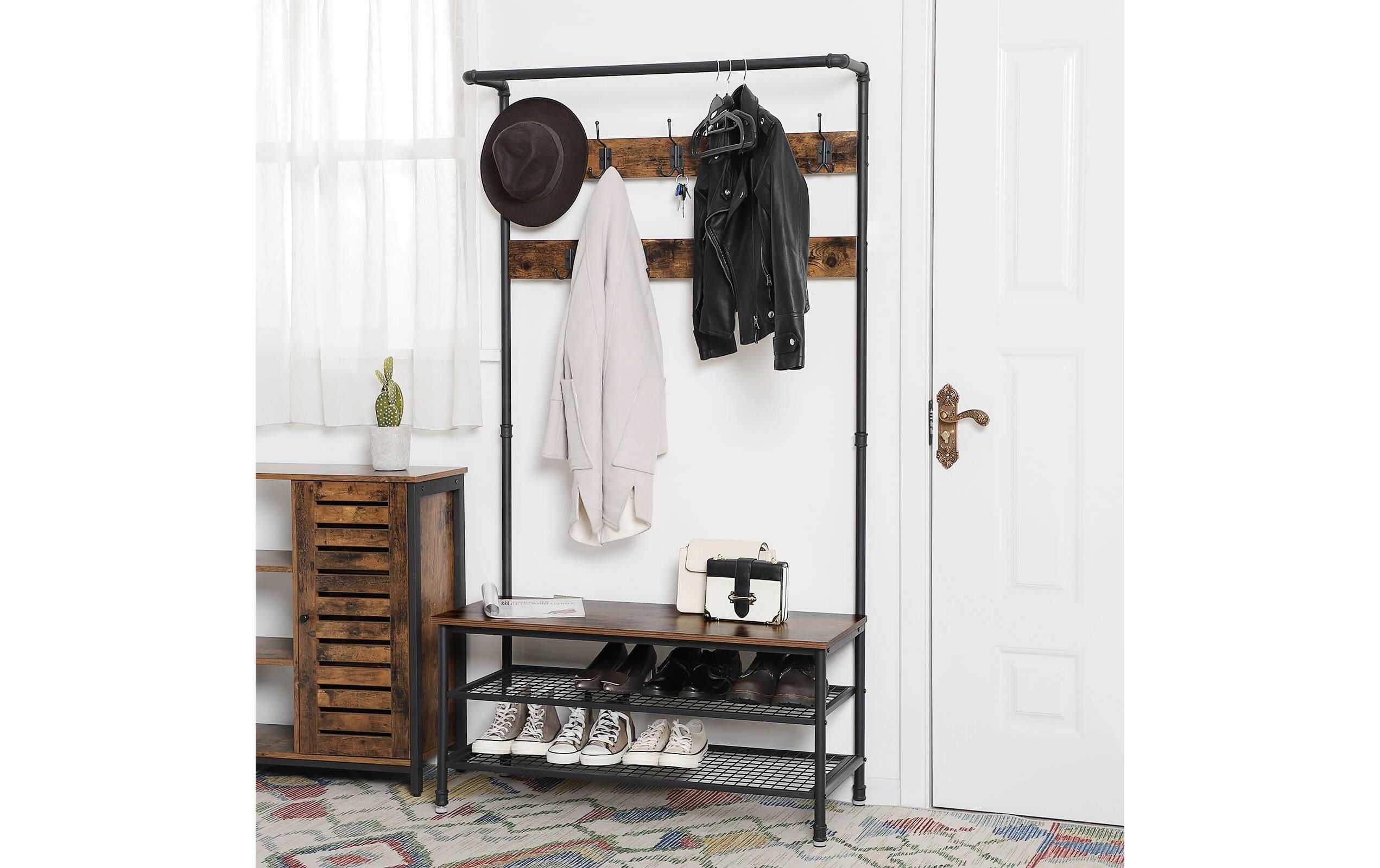 Garderobe mit Schuhablage 182 cm, Braun/Schwarz<br>Kleiderständer mit Sitzbank