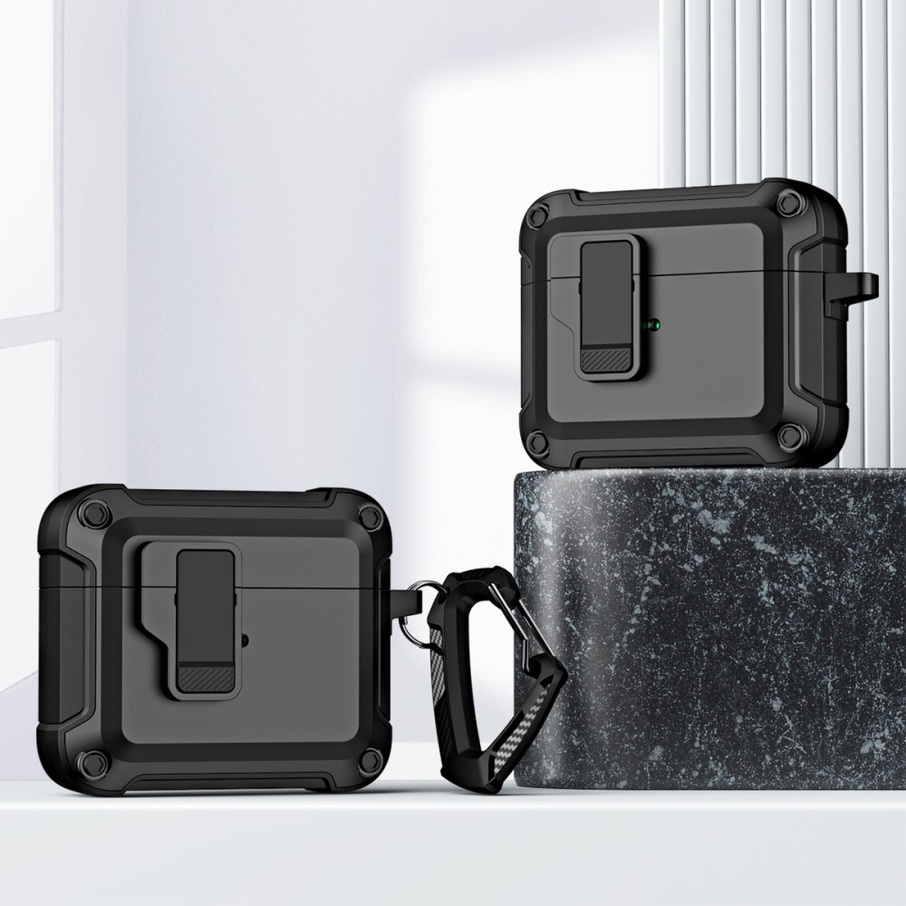 AirPods (3. Generation) Hybrid Hardcase Schutzhülle mit Verschluss   Karabinerhaken - Schwarz / Blau