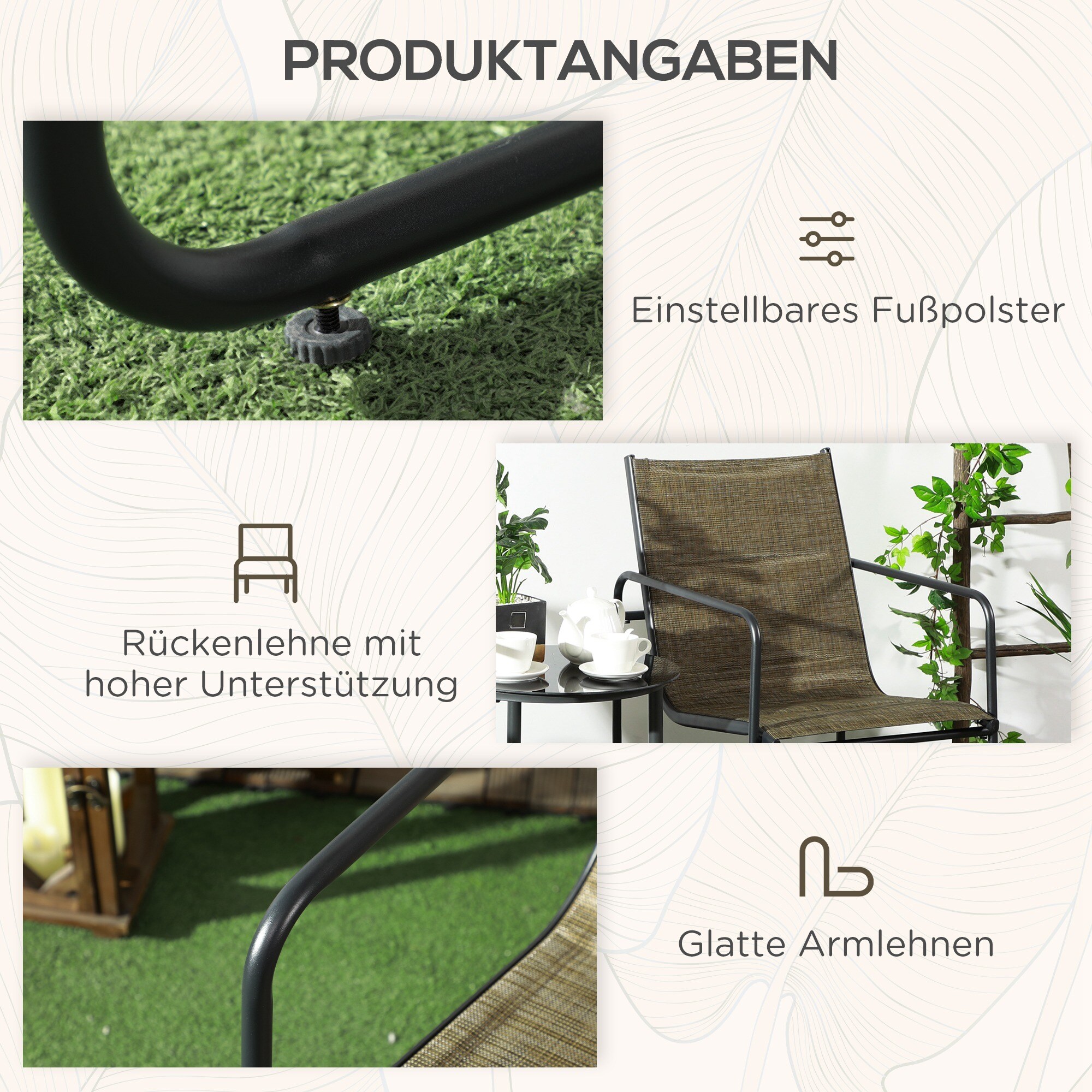 Outsunny Gartenstuhl mit verstellbaren Füßen braun 54L x 66,5B x 88H cm