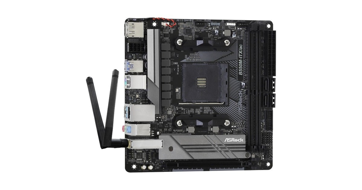 ASRockB550M-ITX/ac socket AM4 moederbord  (Zwart/grijs, RAID, Gb-LAN, WiFi 5, BT, Sound, Mini-ITX)