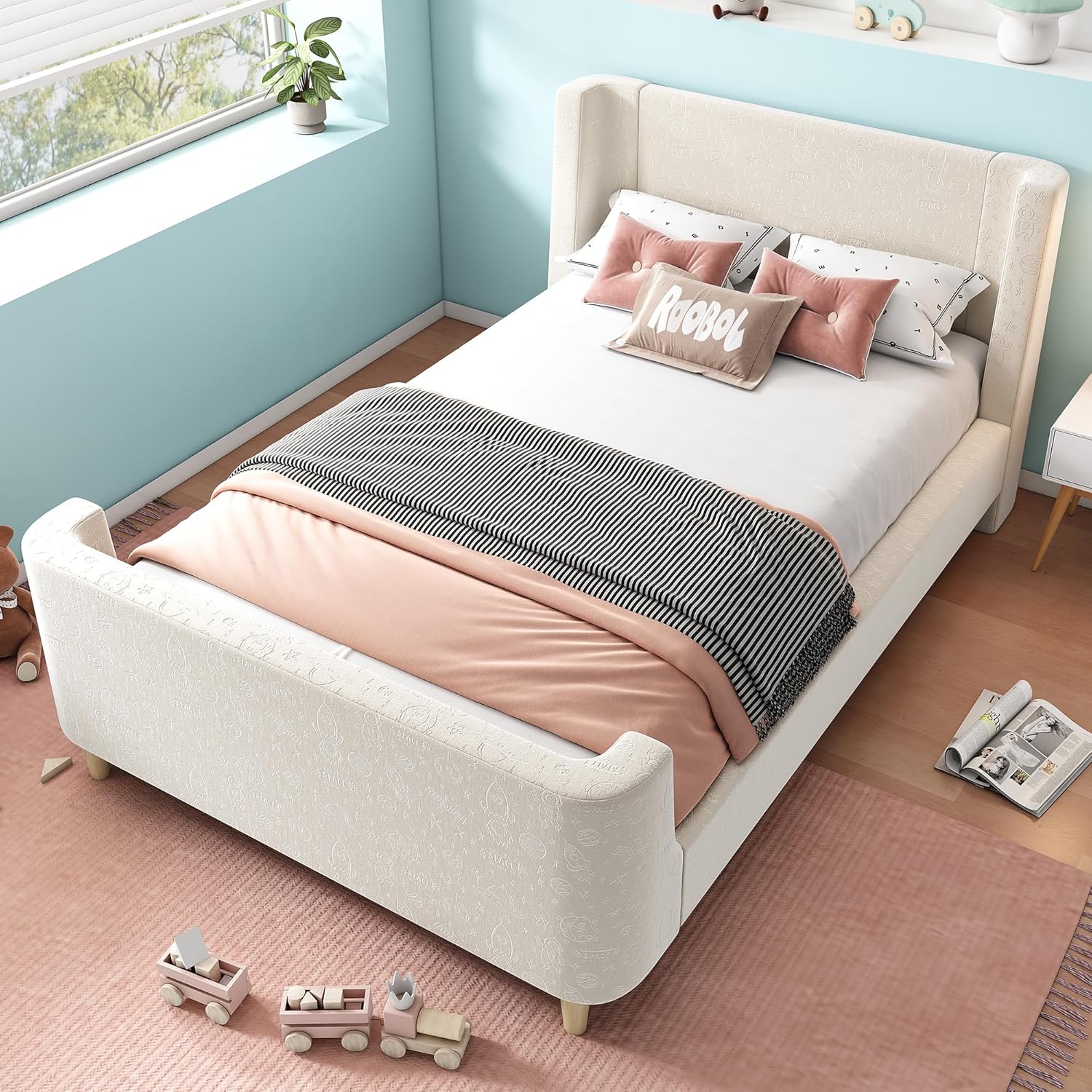 Merax Polsterbett Kinderbett 90x200 cm – Einzelbett Schlittenbett für Jungen & Mädchen, Samt Beige, Cartoon Weltraum-Muster, Stabil & Gepolstertes Kopfteil, ohne Matratze