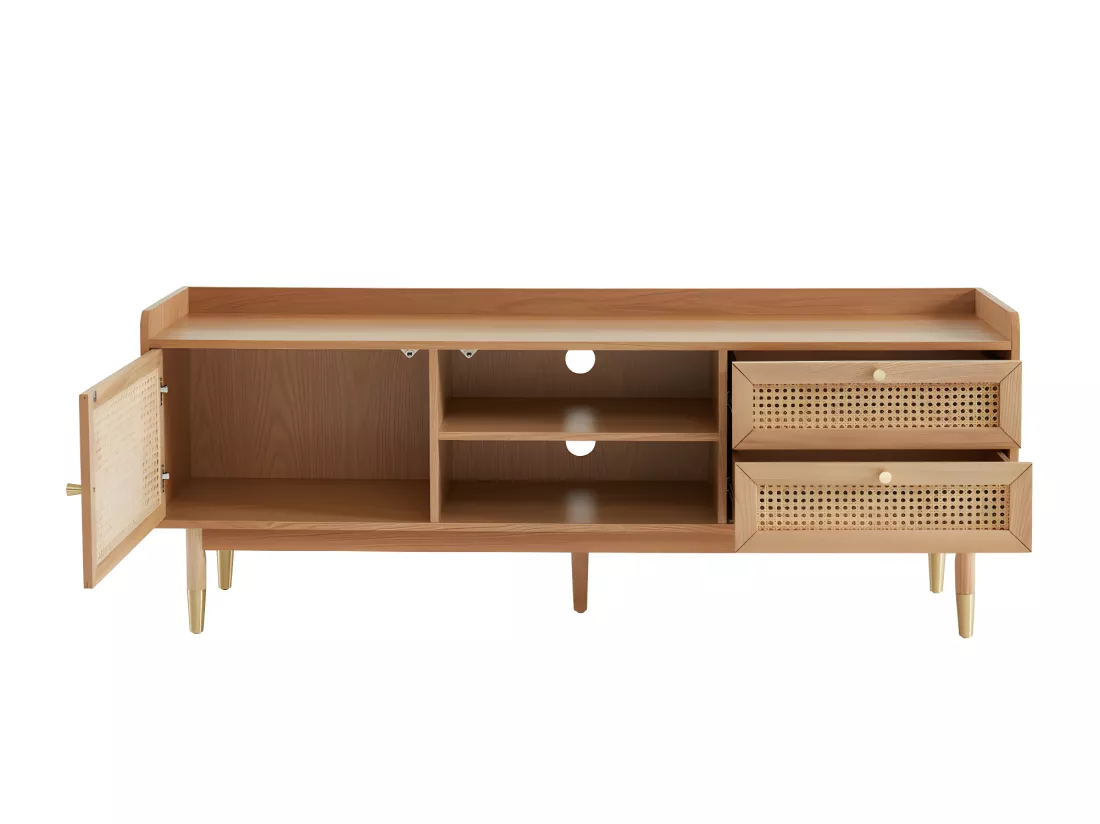 Bombong - Meuble TV 1 porte 2 tiroirs en bois et cannage L160cm - Bois clair