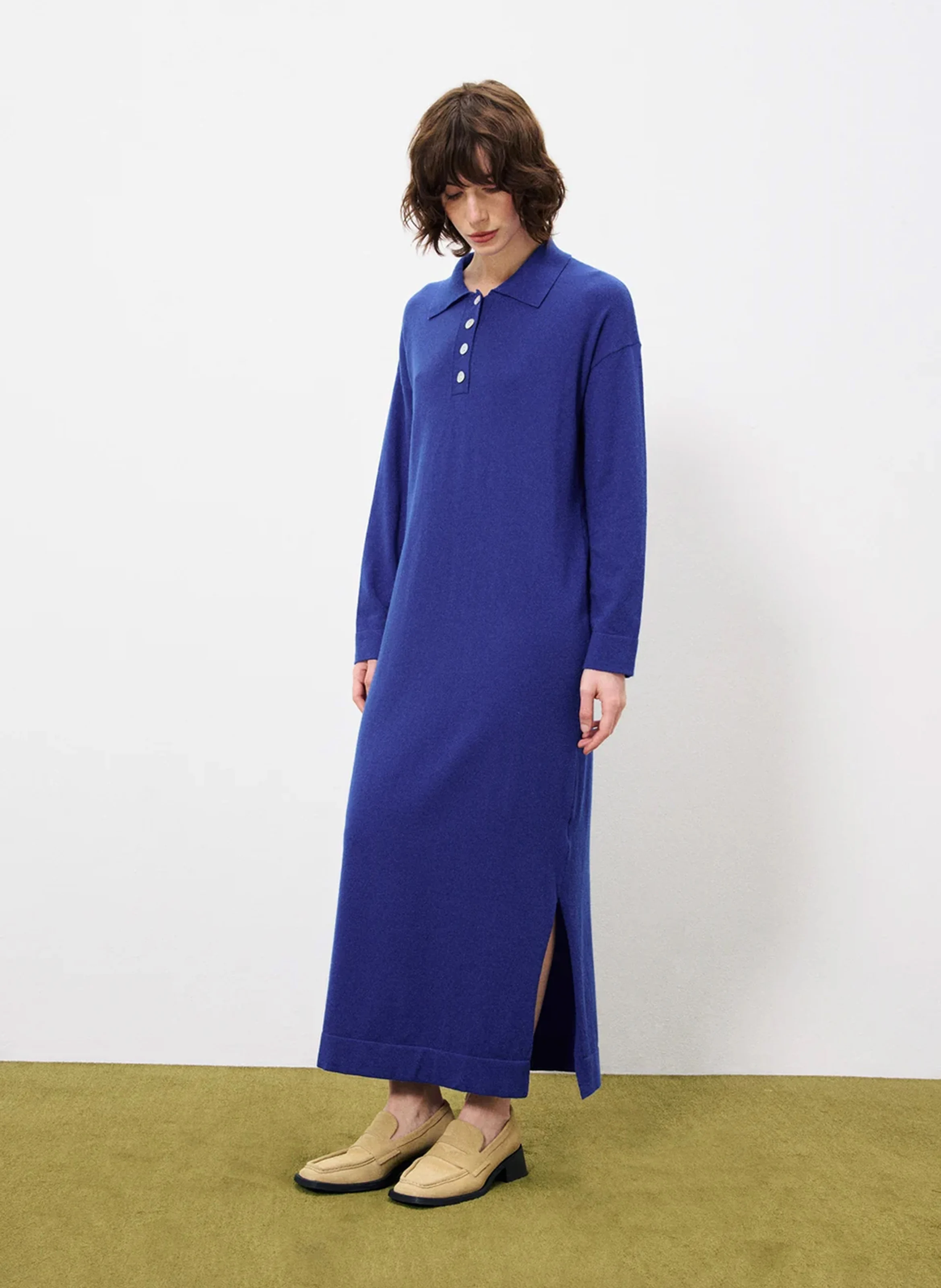 NESLIE - Robe polo longue en maille | Bleu