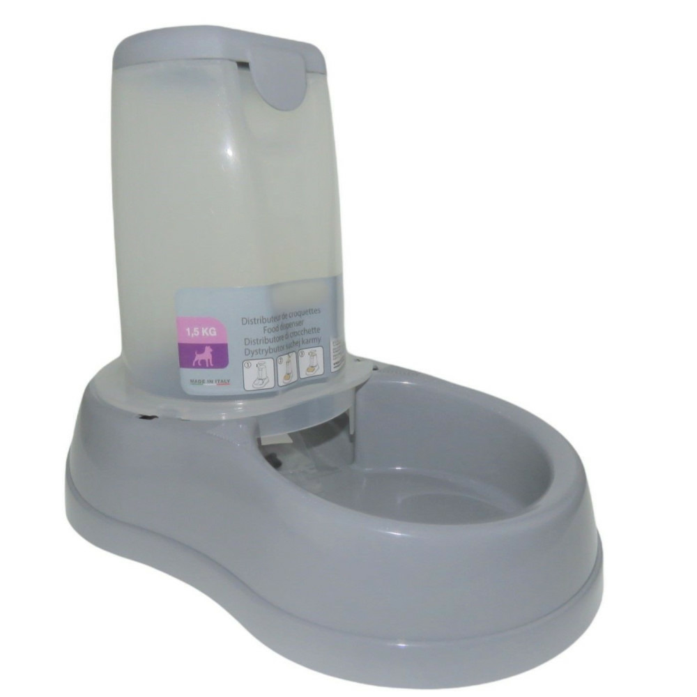 Distributeur de croquettes 1.5 kg, gris en plastique, pour chien ou chat