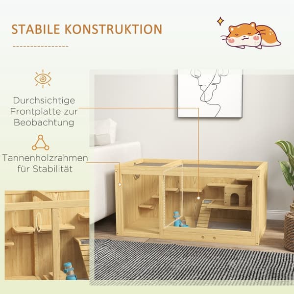 Hamsterbur smådyrstall i tre, lekehus for gerbiler, med husker, stiger, åpningstak, hytte, 100cm, natur