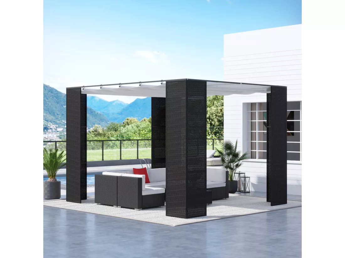 Pergola rétractable style colonial dim. 2,98L x 2,98l x 2H m métal époxy anticorrosion résine tressée noire toile polyester haute densité 180 g/m² crème
