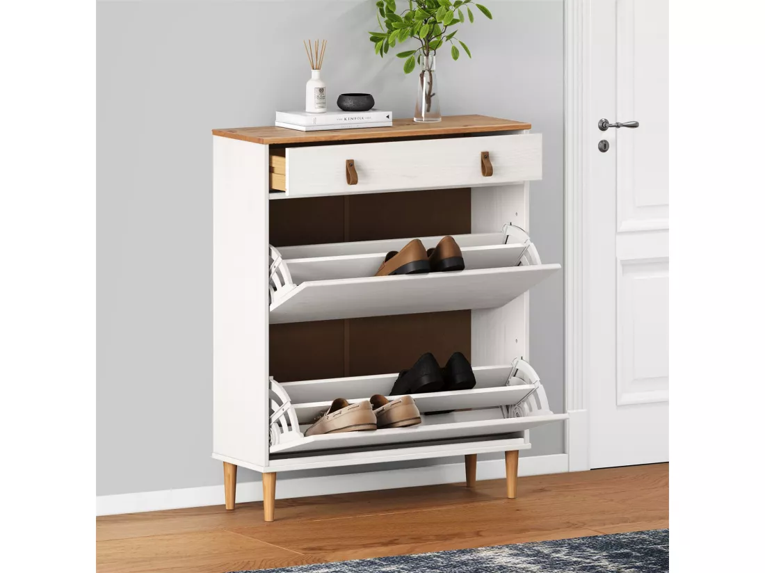 Meuble à chaussures MIKKA, étagère à chaussure bois avec 2 abattants et 1 tiroir de rangement en min massif coloris blanc/chêne