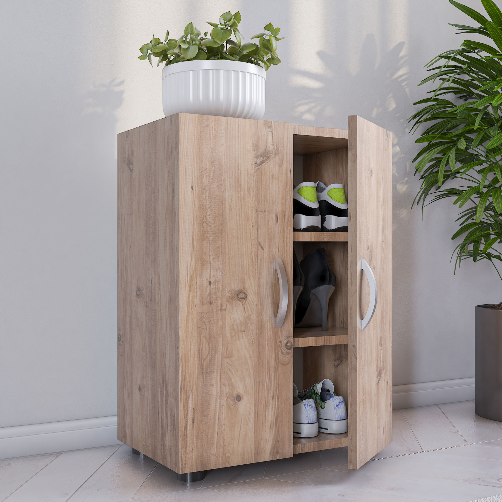 Schuhschrank ULAS - Honig-Eiche - 3 Fächer - 74 cm