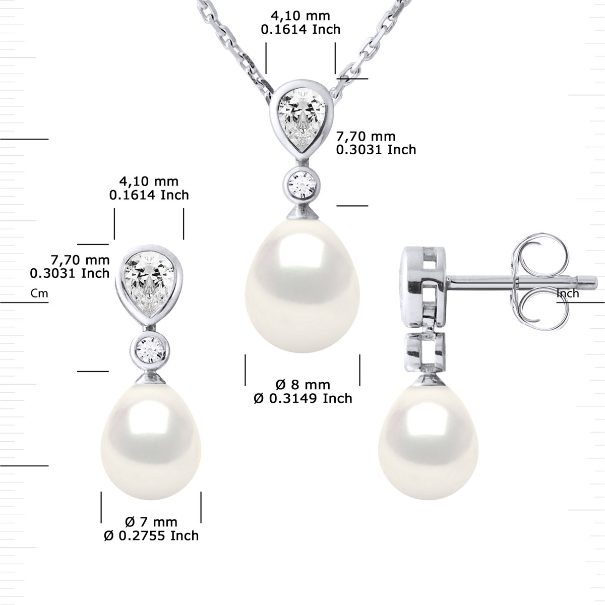 Parure CABOURG Collier & Boucles d'Oreilles Pendantes Perles d'Eau Douce Blanches Argent 925