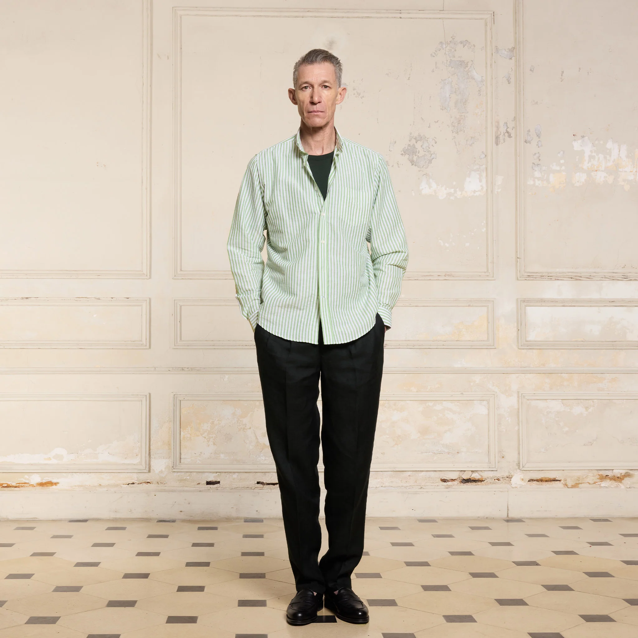 Green and white striped cotton and linen shirt