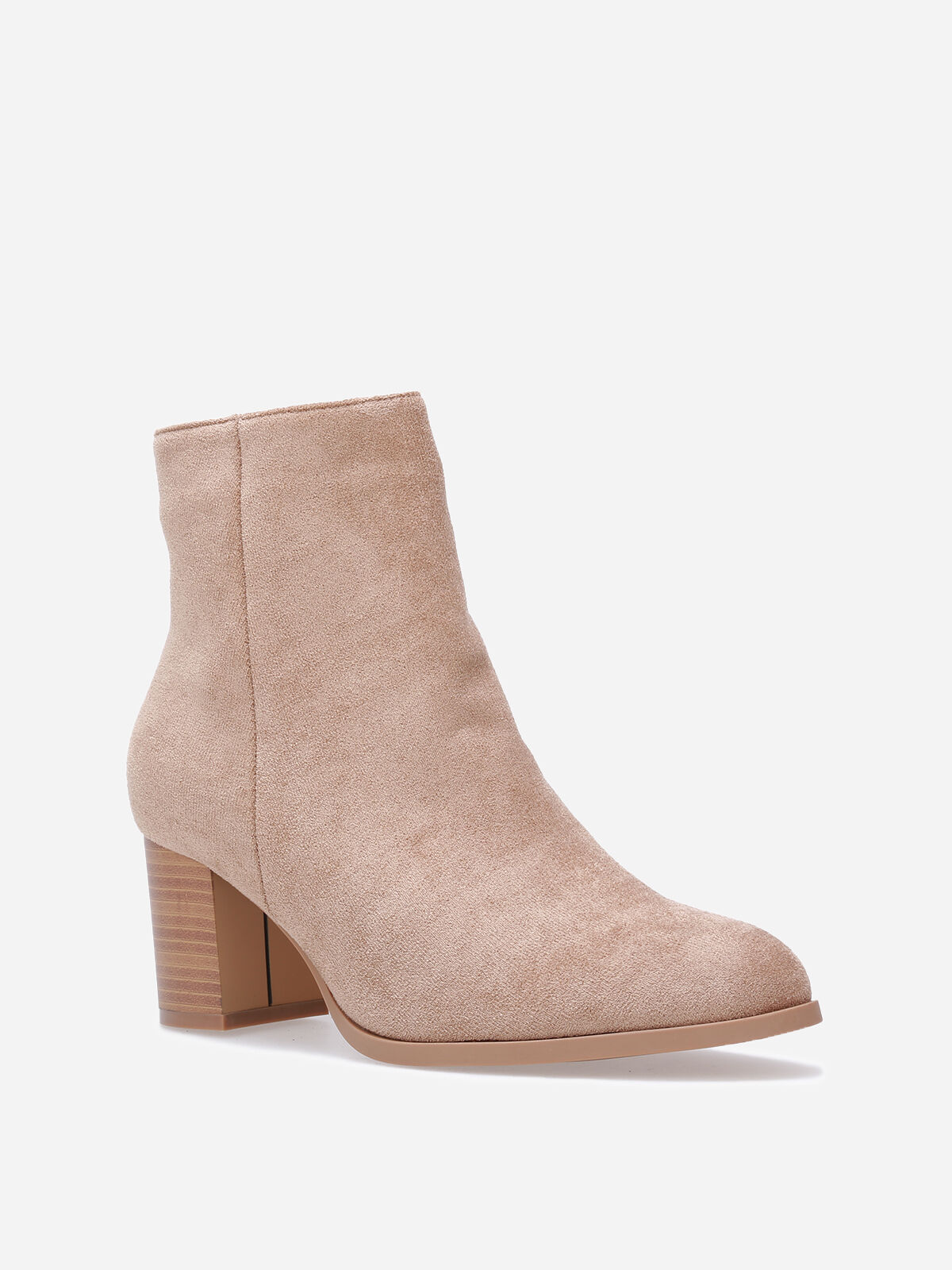 Bottines en suédine à talon et bout rond- Taupe