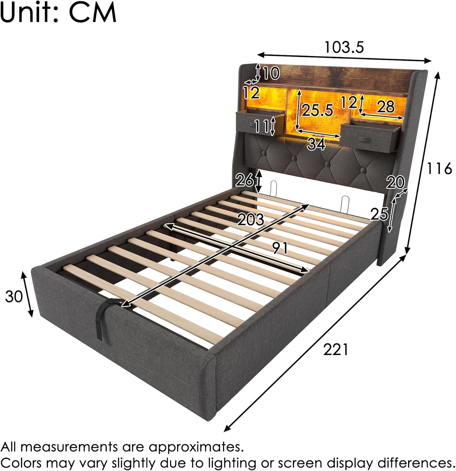 Boxspringbett 90x200 mit LED, Polsterbett Hydraulisch Einzelbett mit Stauraum und 3 USB und 1 Typ C-Port, Bettkopfteil mit Seitentaschen, Grau Leinen, ohne Matratze