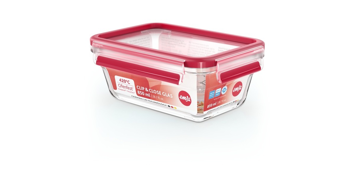 EmsaClip & Close Glazen vershoudbakje, 0,85 L doos  (Transparant/rood, rechthoekig)