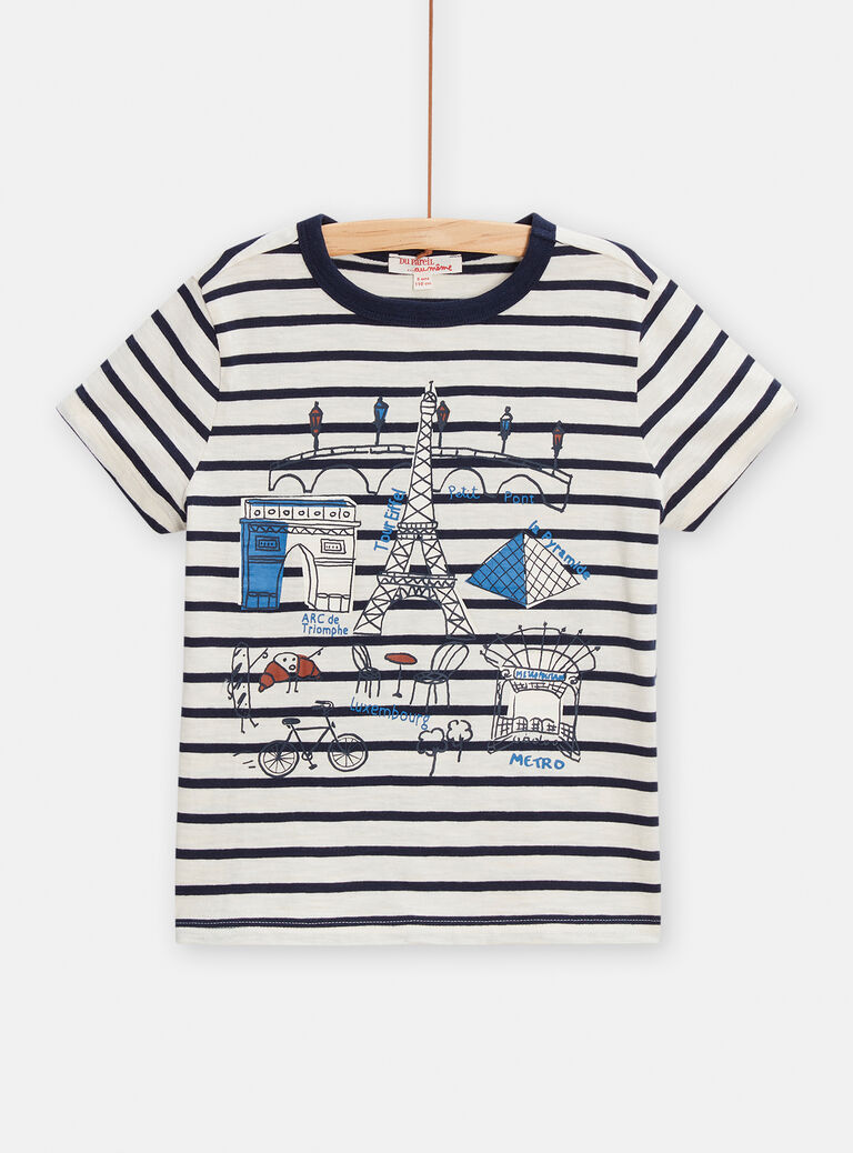 T-shirt rayé écru animation Paris pour garçon