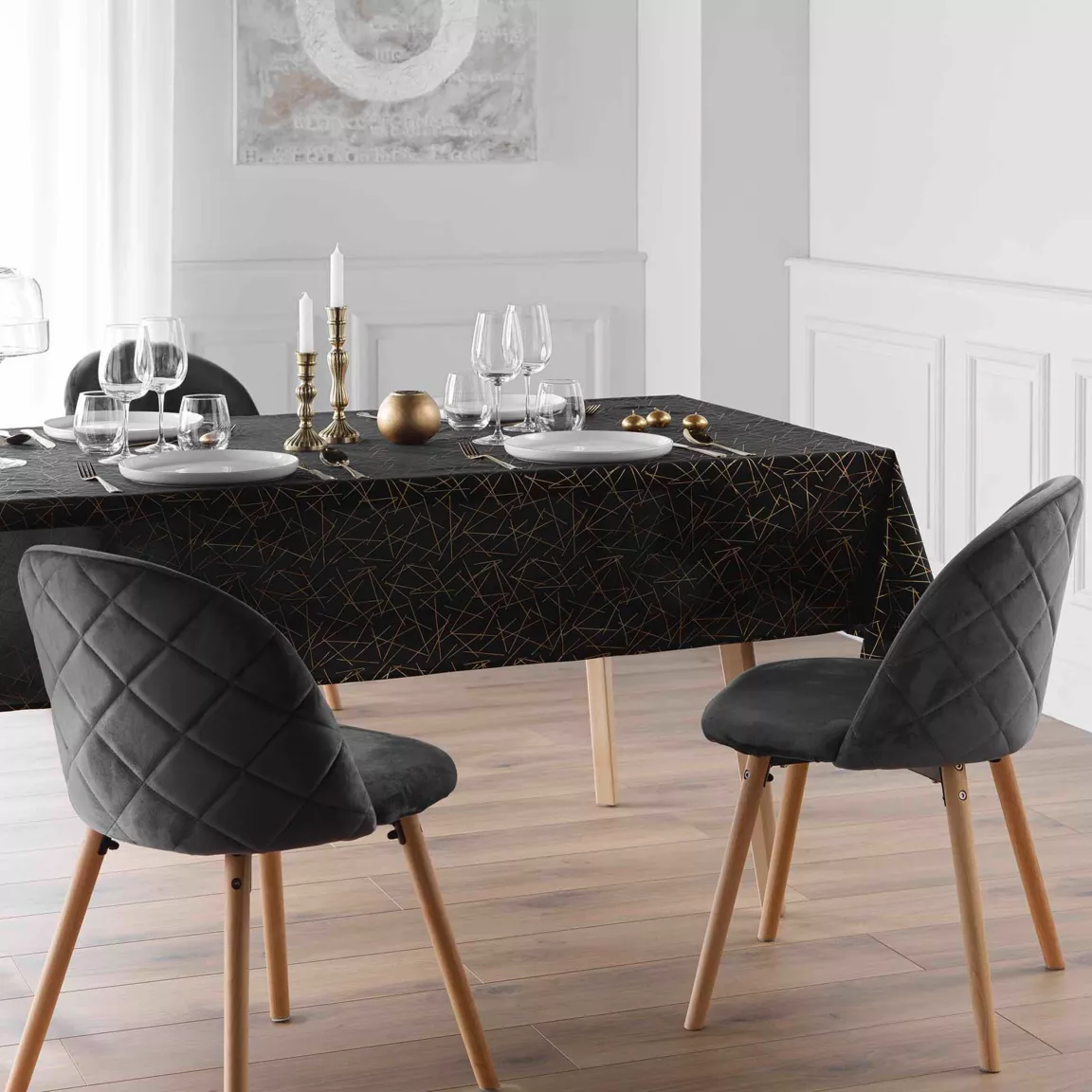 Nappe de Noël rectangulaire anti tache (140 x 240 cm) Mikado Noir et doré