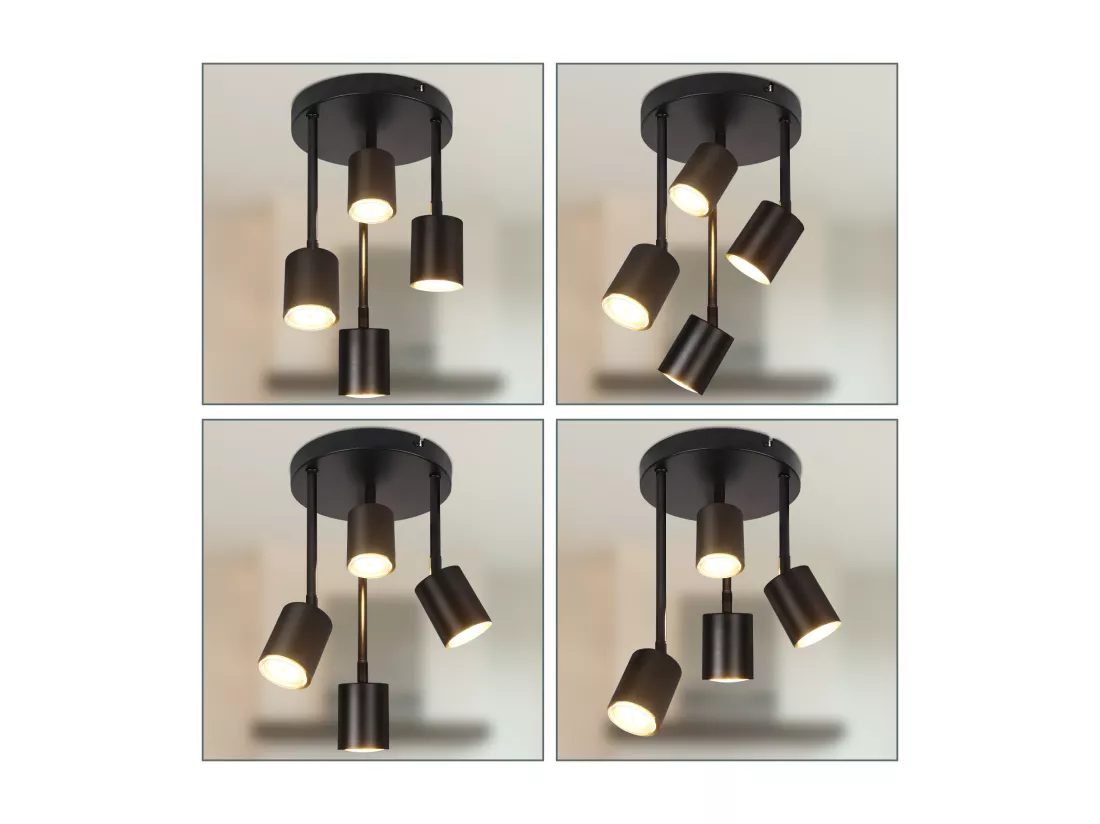 NETTLIFE Spot de plafond 4 ampoules plafonnier noir orientable LED GU10 lampe de cuisine 350°