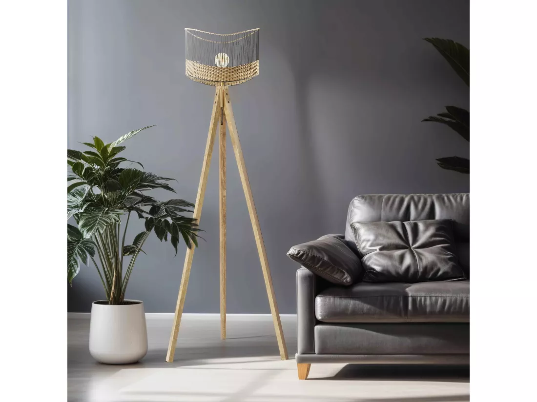 Lampadaire en manguier massif et rotin