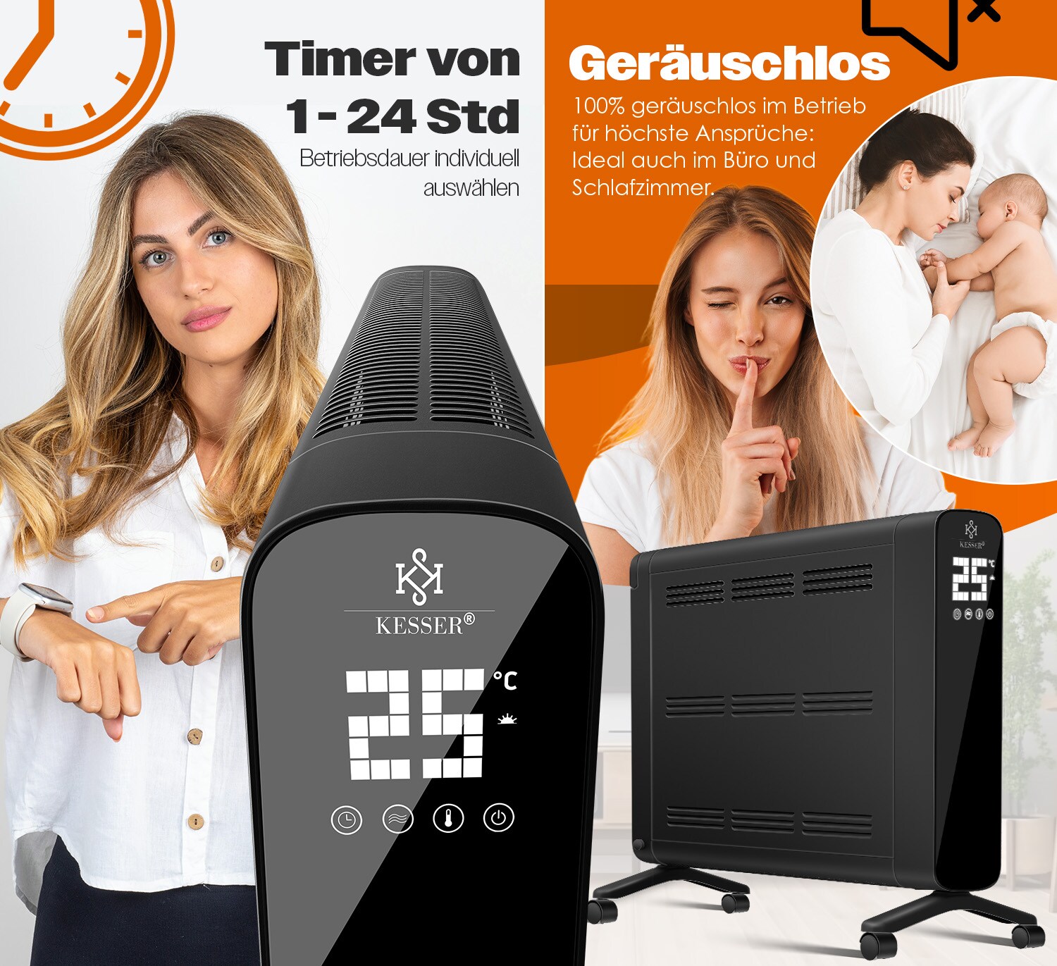 KESSER® Konvektor Premium 1200W ECO 2400W Power Mode Heizstufen Thermostat Elektroheizung WiFi App & Fernbedienung Touch-Display Timer mobiles Heizgerät Energiesparend Überhitzungsschutz