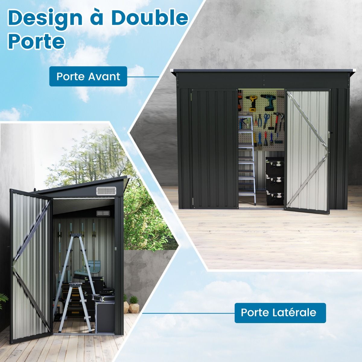 Abri de Jardin Extérieur Abri à Outils de Jardin avec 2 Portes Design Incliné Aérations Cadre en Métal Galvanisé 235x117x185cm Gris Foncé - Lidl-Manfred