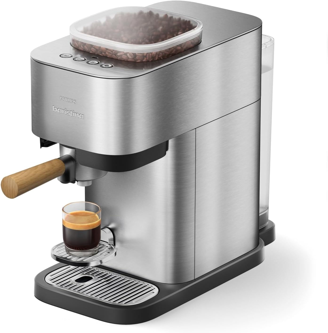 PHILIPS Baristina Plus Espressomaschine, Automatisches Mahlen, Tampen & Brühen, 16 Bar, Einfache Reinigung, Espresso, Iced Coffee, Café Crema, Mit Mahlwerk, Edelstahl mit Holz-Siebträger (BAR500/00)