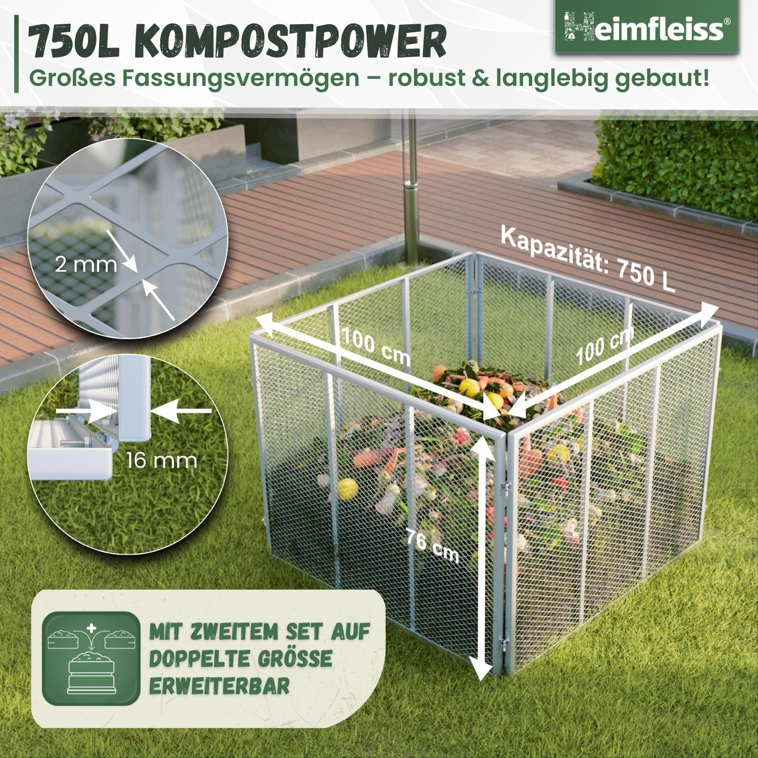 Heimfleiss® Komposter Metall 100x100x75 cm + Deckel & Boden | 750L Metallkomposter verzinkt & pulverbeschichtet | Metall Komposter Garten für Rasenschnitt & Biomüll | Gartenkomposter mit Stecksystem