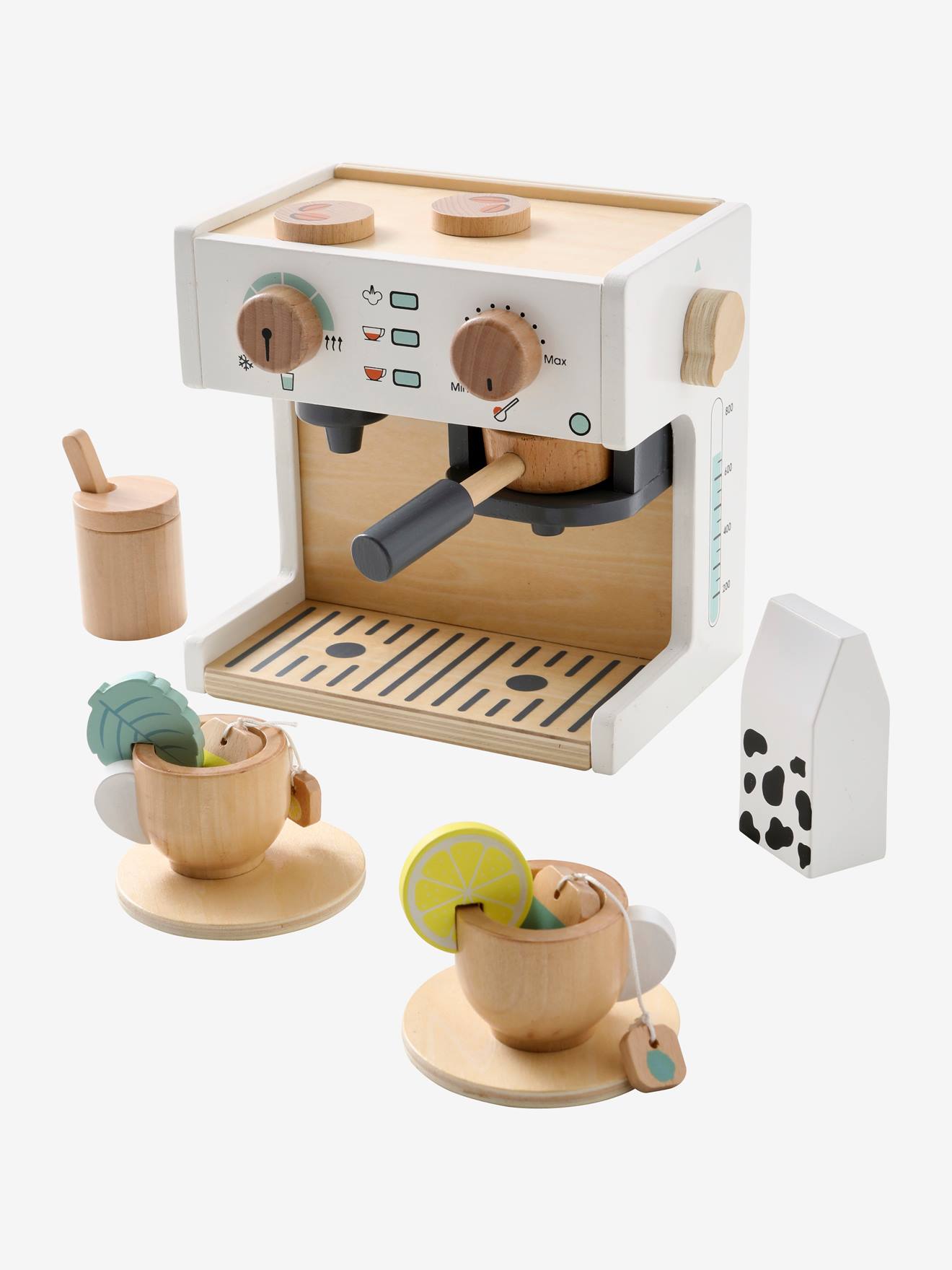 Máquina de café e chá, feita de madeira multicolorida.