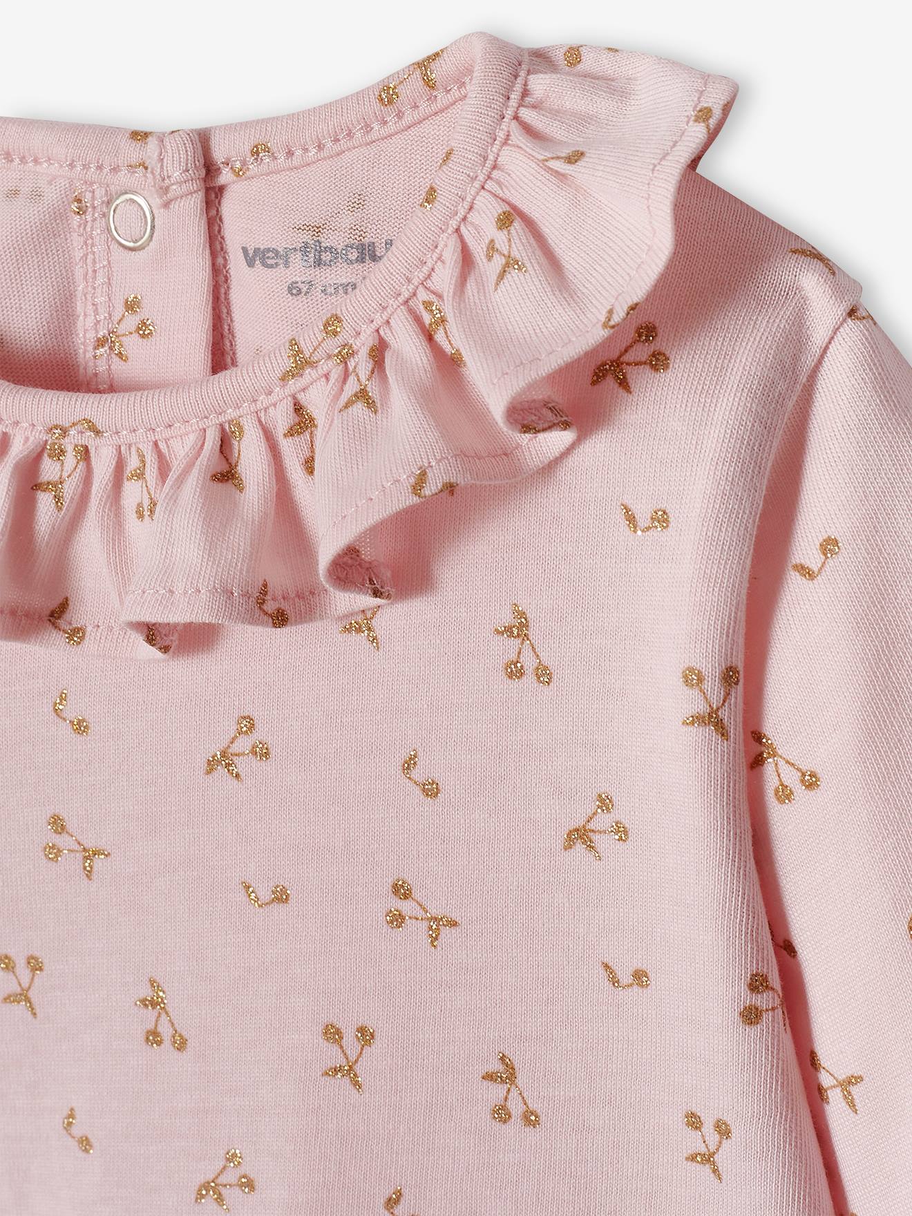 Camiseta personalizável com gola franzida para bebê menina, rosa claro.