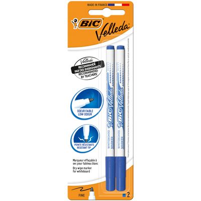 BIC VELLEDA 1721 - Pack de 2 marqueurs effaçables - pointe fine - bleu