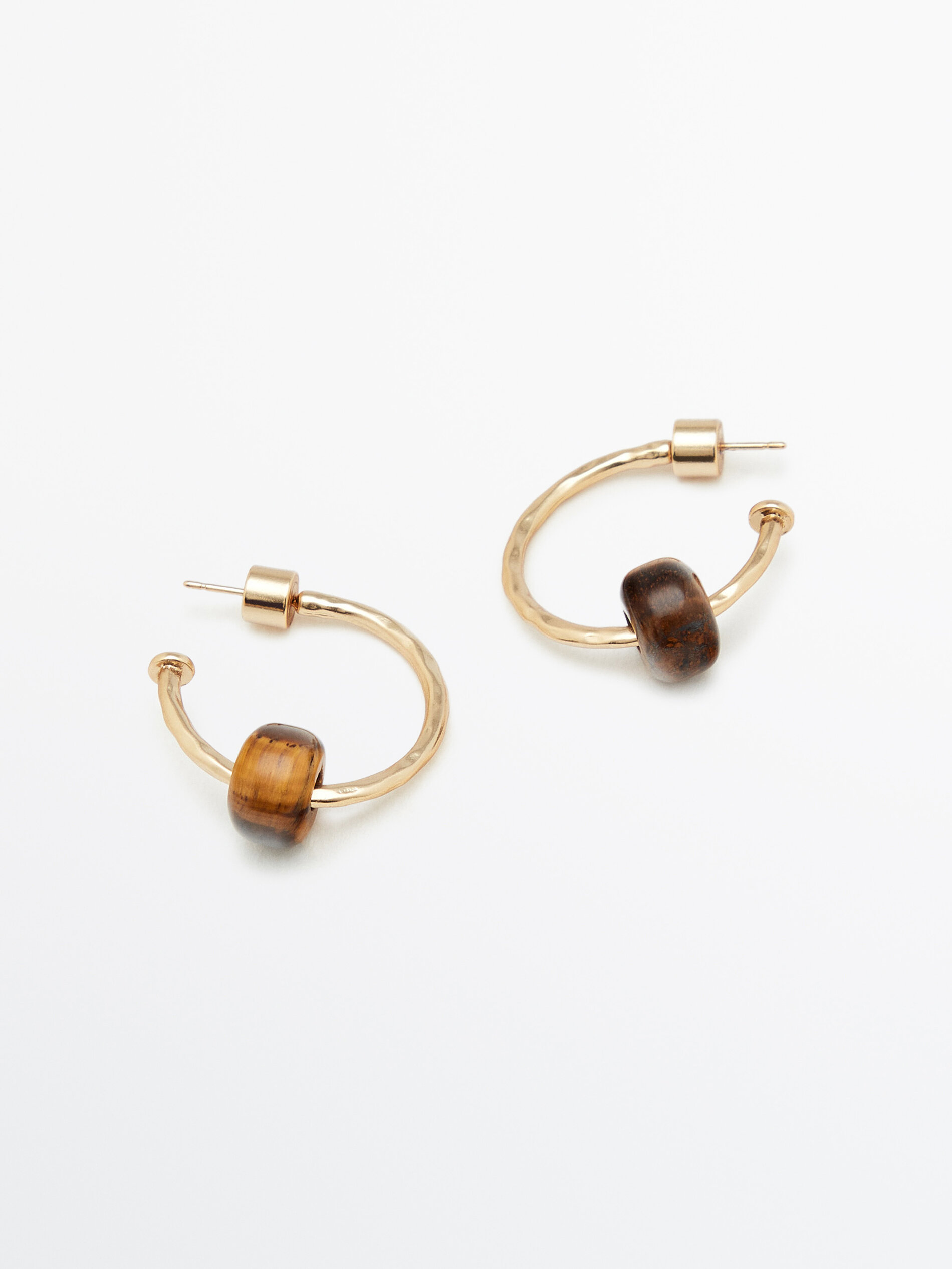 Pendientes aros textura piedra marrón banho oro - DORADO