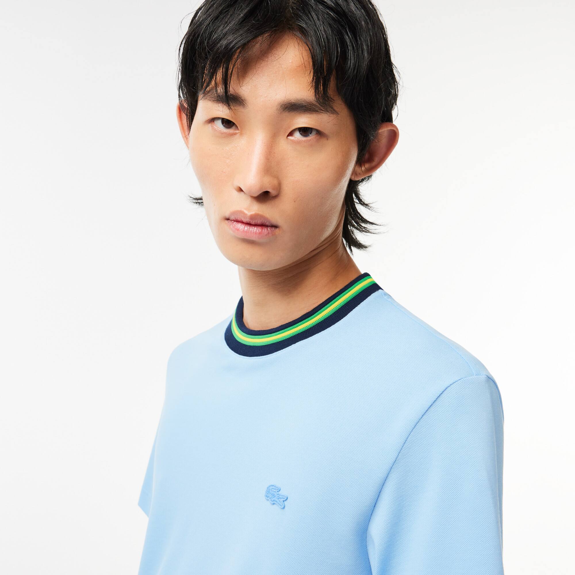 T-Shirt aus Stretch-Piqué mit gestreiftem Kragen T-Shirts - Blau - Lacoste - Herren