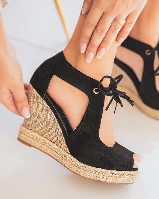 Sandale femme compensée corde noir daim - Inès