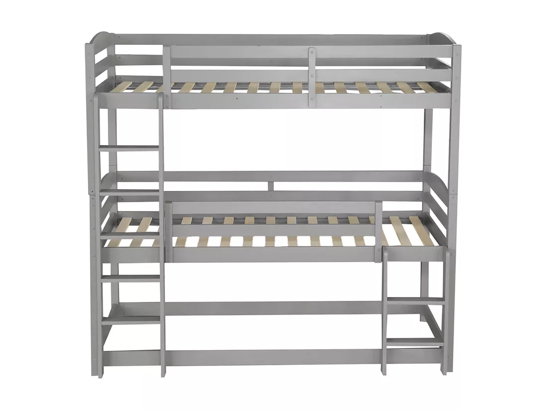 Lit superposé triple avec échelle et barrière de protection - 90x200cm - bois massif - Gris