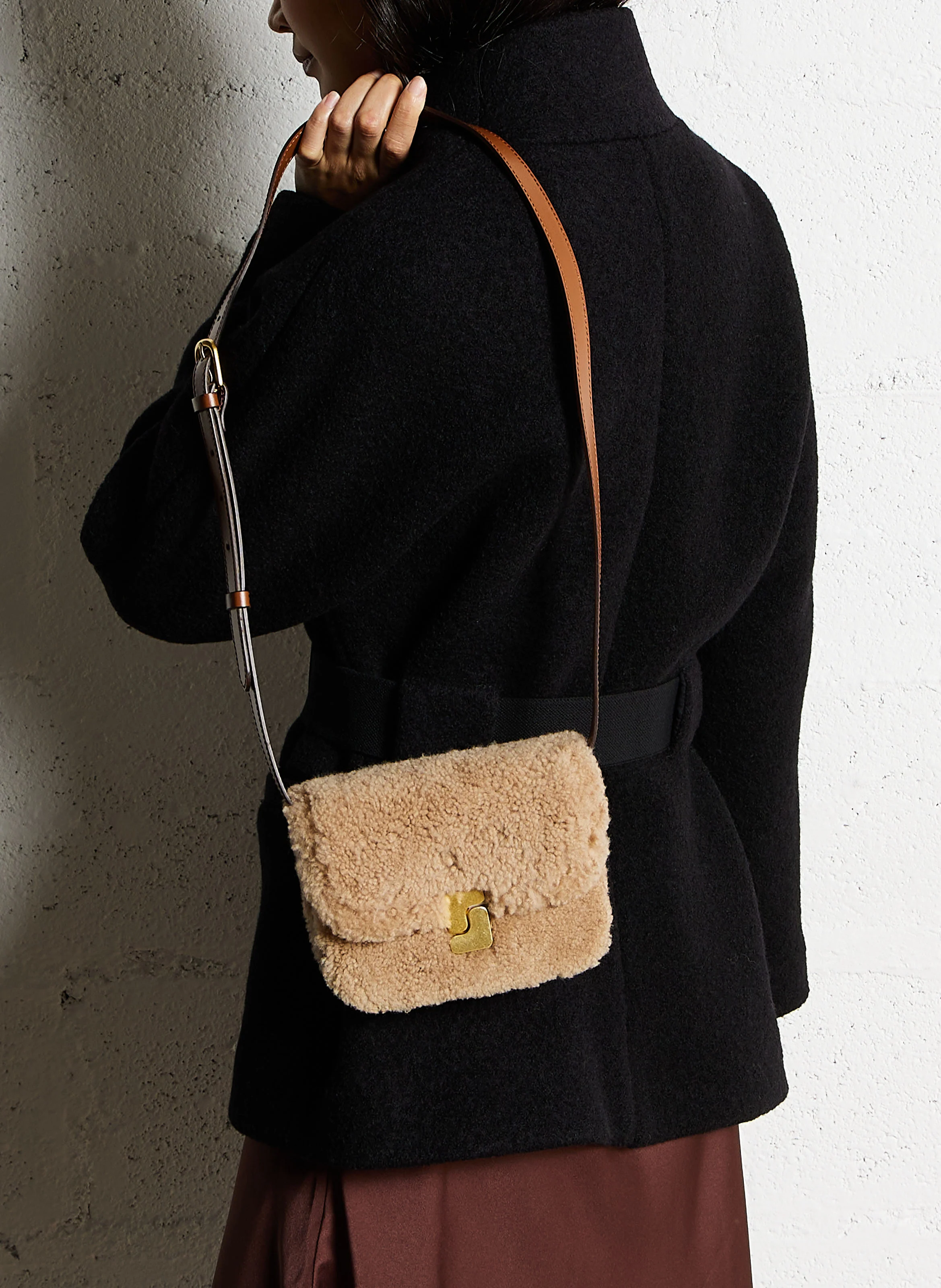 BELL VERY MINI - Mini sac bi-matière cuir et shearling| Marron