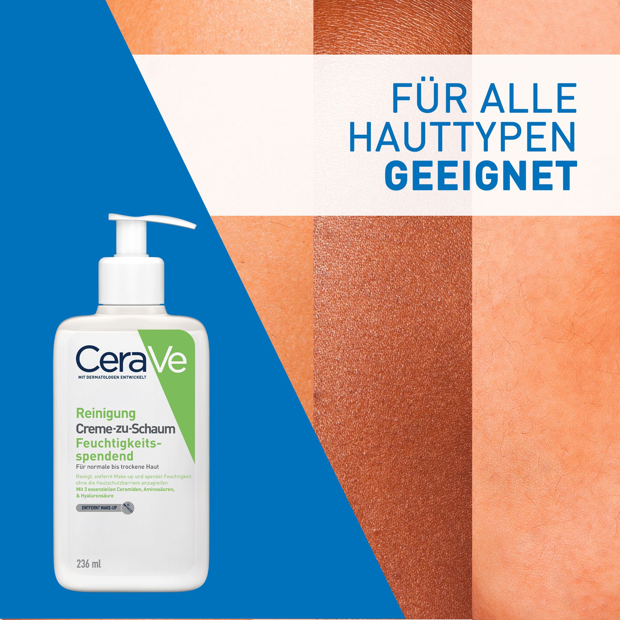 CeraVe Creme-zu-Schaum Reinigung für normale bis trockene Haut, Gesichtsreinigung & Make-up-Entferner, mit 3 essenziellen Ceramiden & Hyaluron