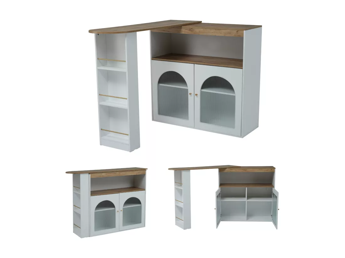 Meuble de bar pivotant - 2 portes, 3 étagères de rangement & niche - MDF plateau effet bois - LEDs - Naturel et blanc