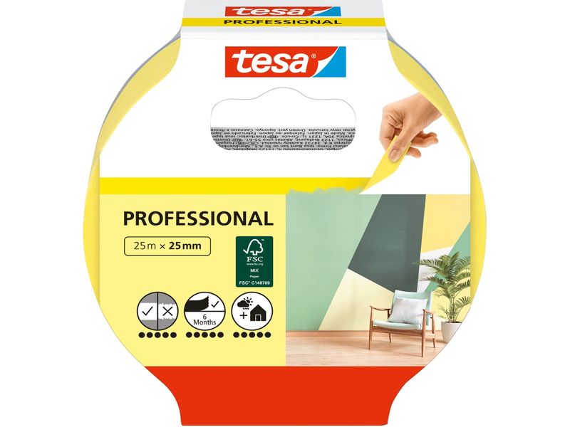 tesa Malerband Malerkrepp Professional 25m x 25 mm Dünnes Washi-Papier für Malerarbeiten, für innen und aussen
