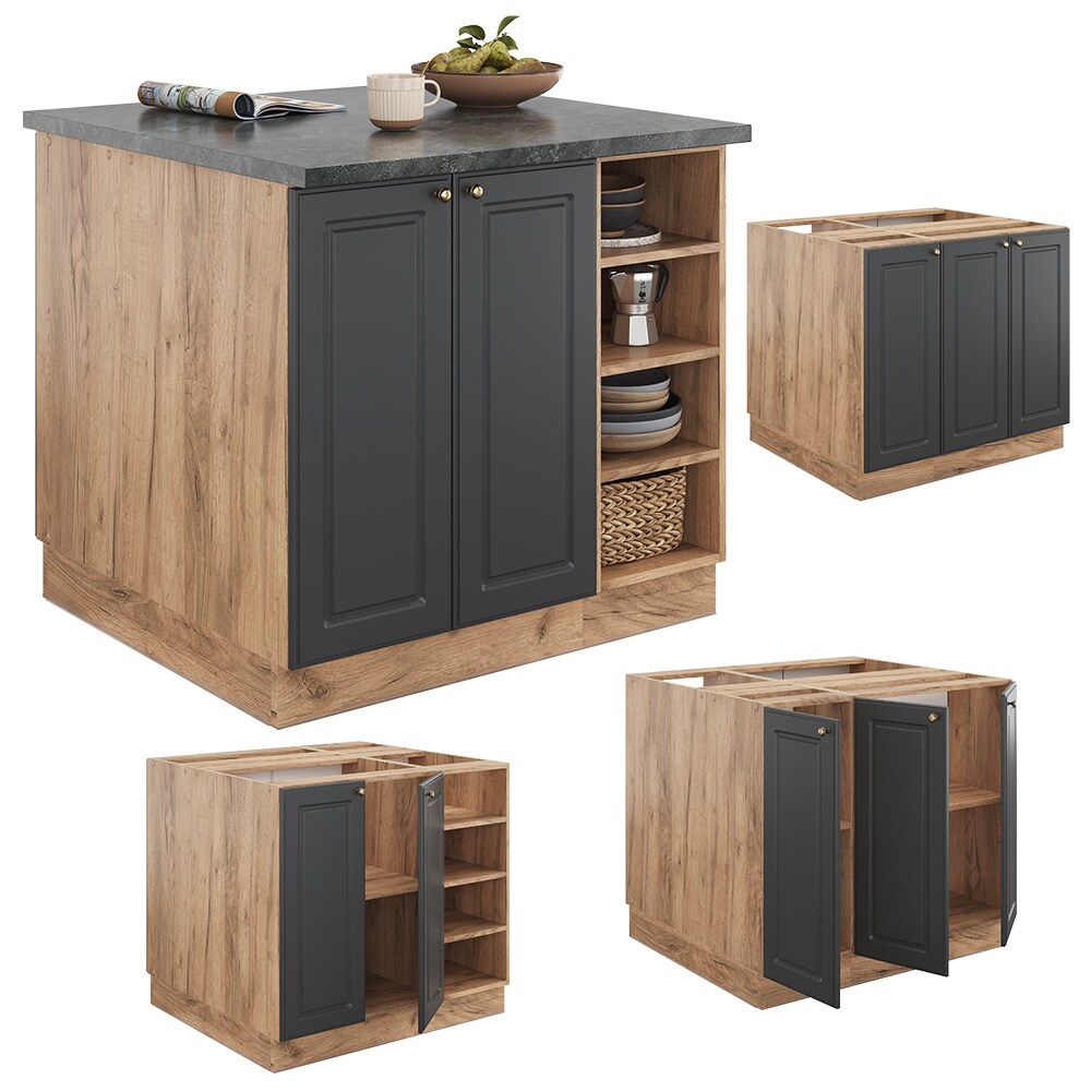 Vicco Kücheninsel Küchenblock Einbauküche Fame-Line Landhaus Eiche Anthrazit 90 cm Gold Küchen Schränke Regalunterschrank Küchenunterschrank Regalinselunterschrank Softclose-Scharnier Küchenmöbel