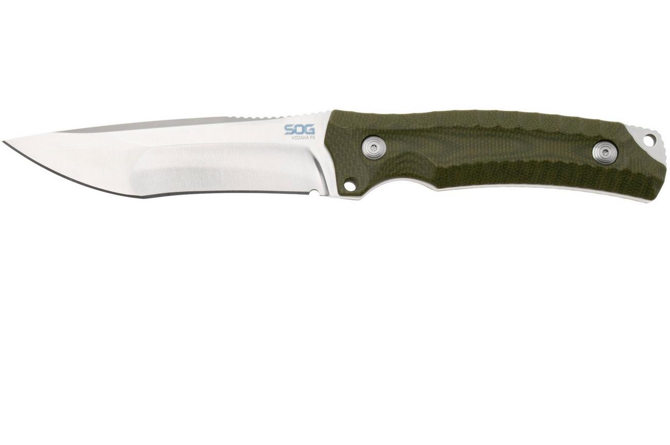 SOG Hidaka FX 17-27-01-57 Satin CPM 3V, Green Micarta vaststaand mes, Kiku Matsuda design