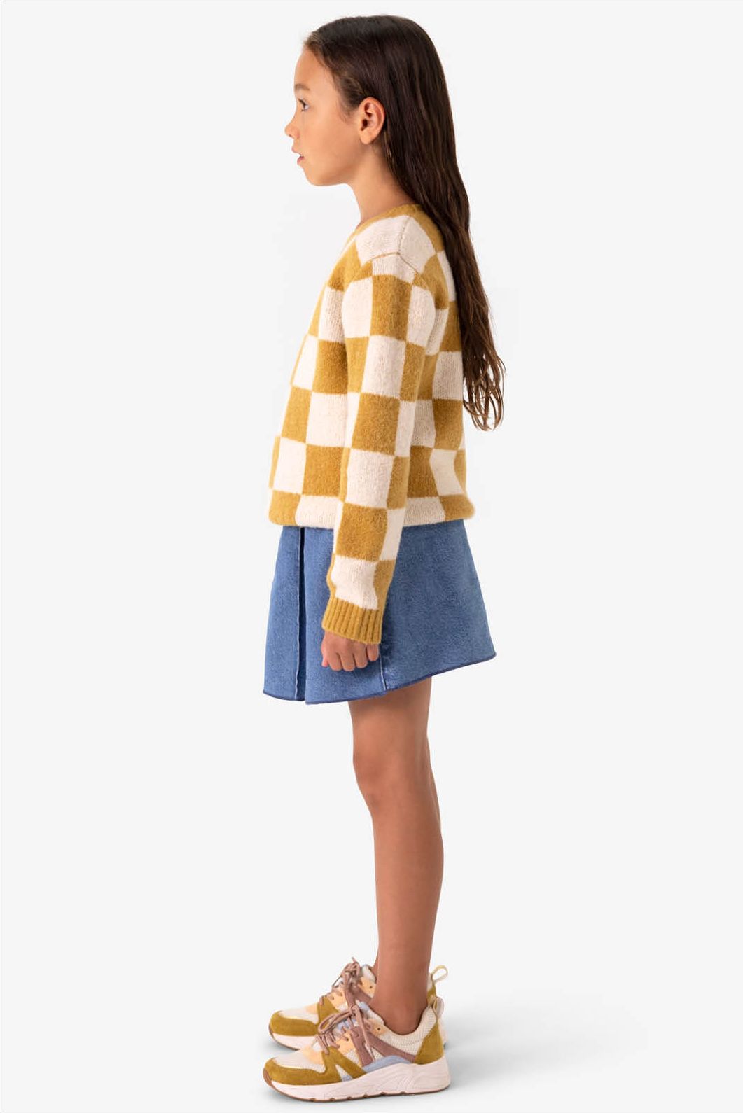 Bruin gebreide jacquard trui met geblokt patroon