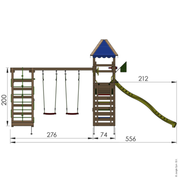 Speeltoestel Jungle Gym Explorer met groenen glijbaan en klimrek van grenenhout