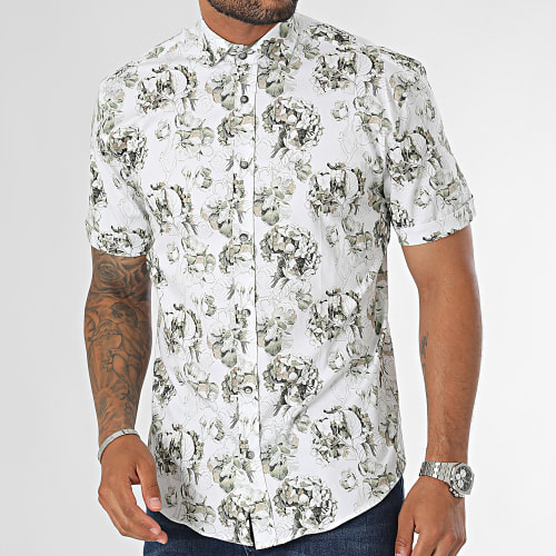 Chemise Manches Courtes Blanc Vert Kaki Floral