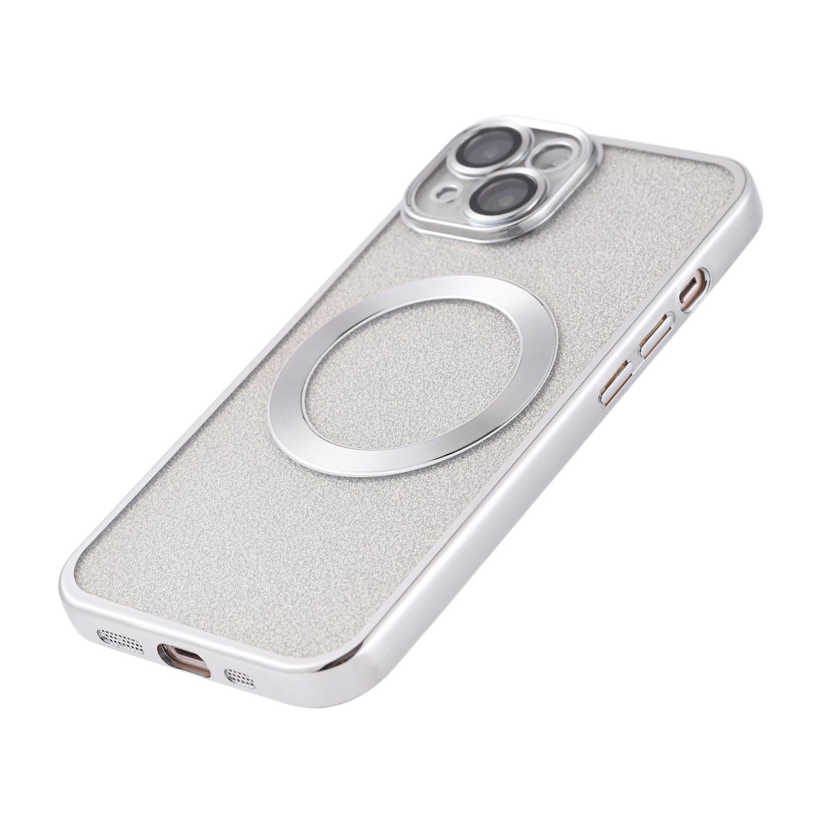 iPhone 14 MagSafe Gummi Case Hülle mit Acryl Kameraglasschutz im Glitzer Design - Silber / Transparent
