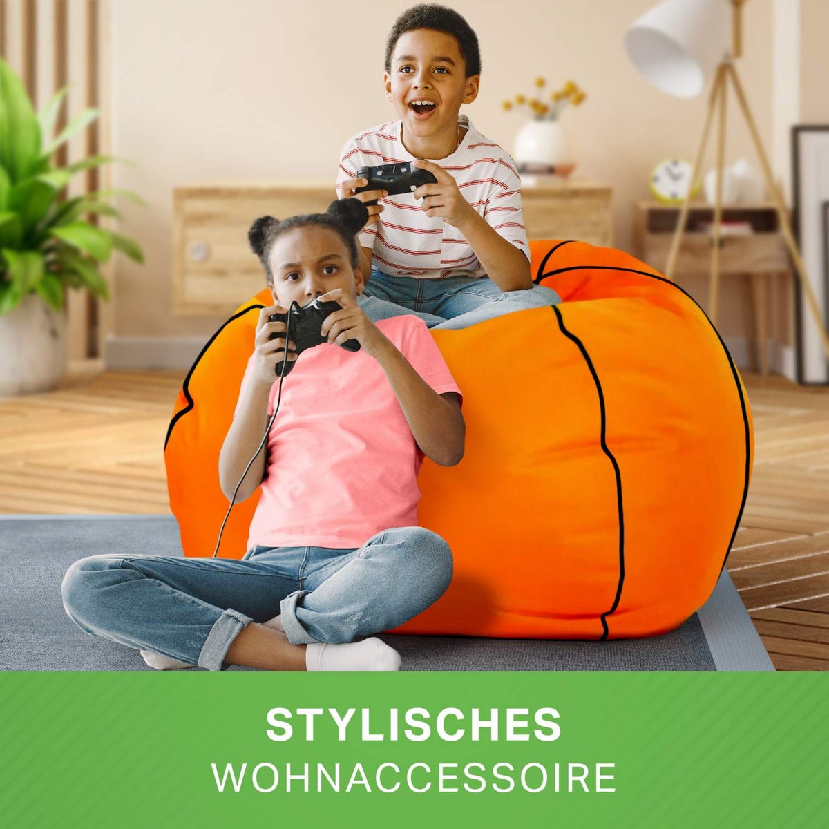 Green Bean Basketbal Zitzak, voorgevuld, 250L EPS-korrels - Kinderen & Volwassenen, 90cm Zitzak, Reuze Zitzak, Ligstoelkussen, Wasbare Hoes, Gamingstoel, Oranje