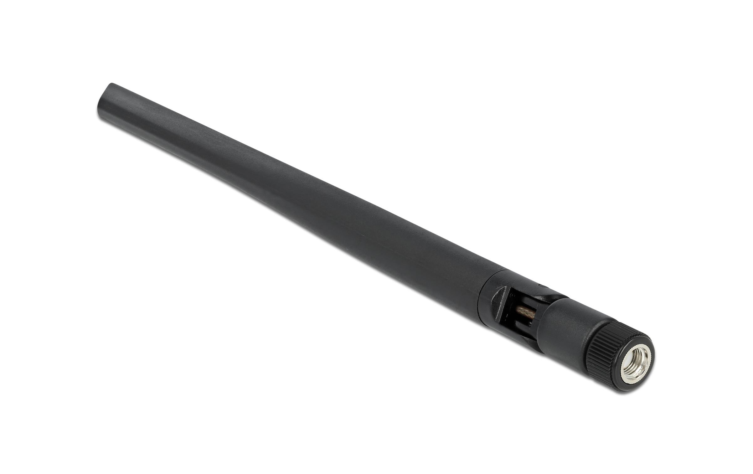 WLAN-Antenne Kippgelenk, 20 cm RP-SMA 5 dBi RundstrahlDelock WLAN 802.11 a/ax/a/b/g/n Antenne RP-SMA Stecker 5 dBi 20 cm omnidirektional mit Kippgelenk flexibel und gummierter Oberfläche schwarz