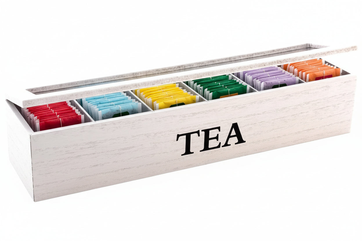 Sakura Tea Theedoos - Hout Wit - 6-Vaks - met Glazen Deksel