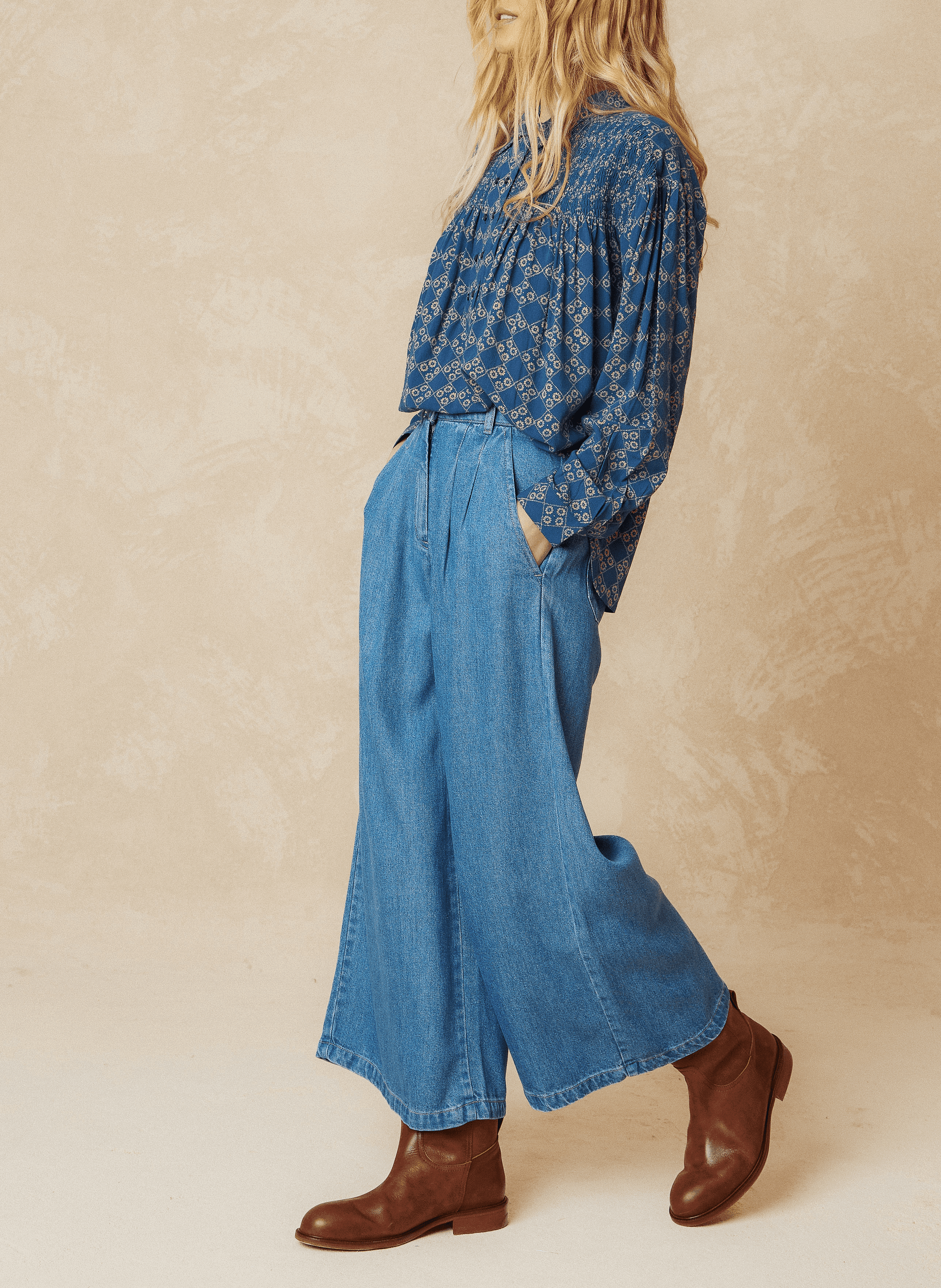Blouse droite col classique imprimée | Bleu