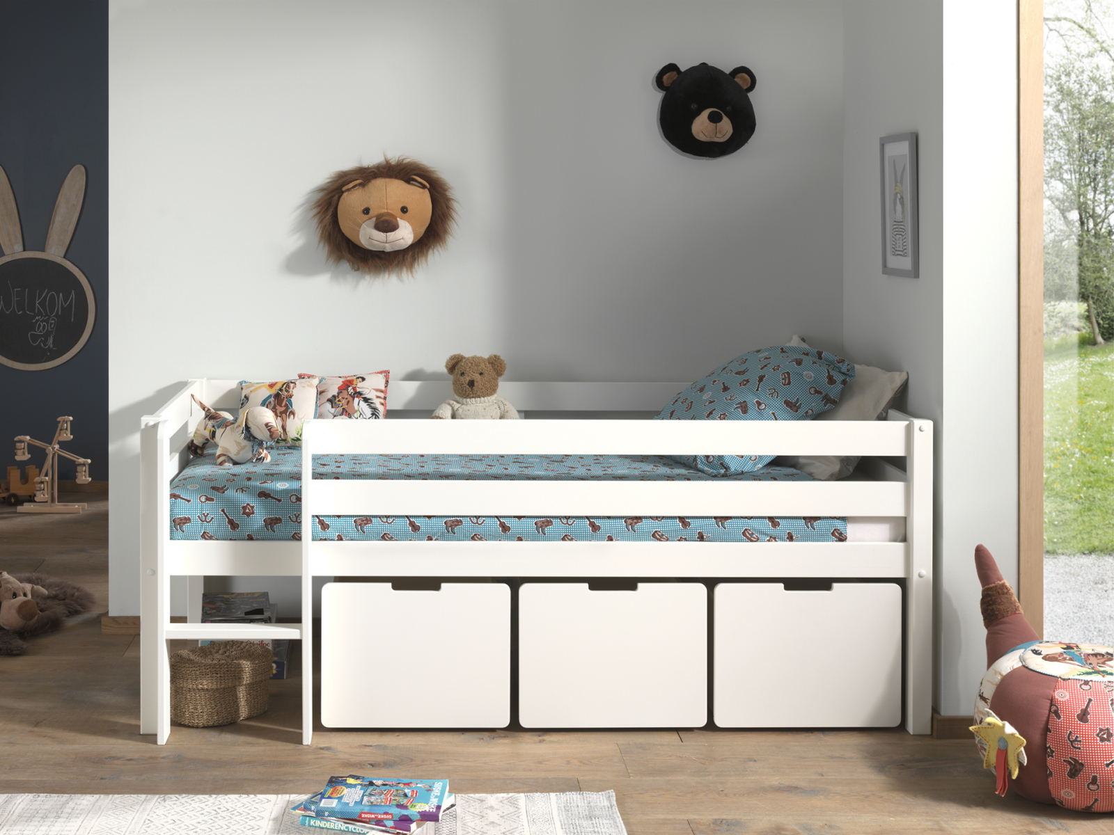 Kojen-Spielbett - weiß - Leiter - Schubladen - 90x200 cm