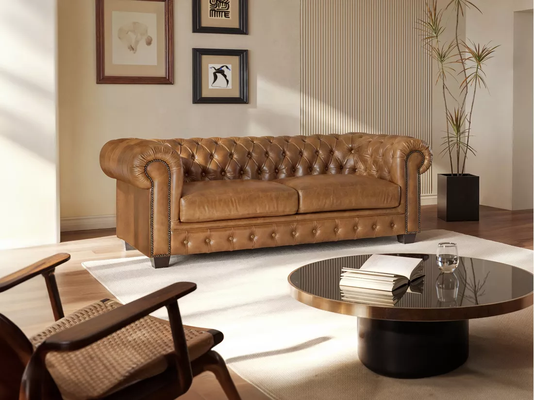 Canapé chesterfield 3 places BRENTON 100% cuir de buffle premium - Caramel vintage